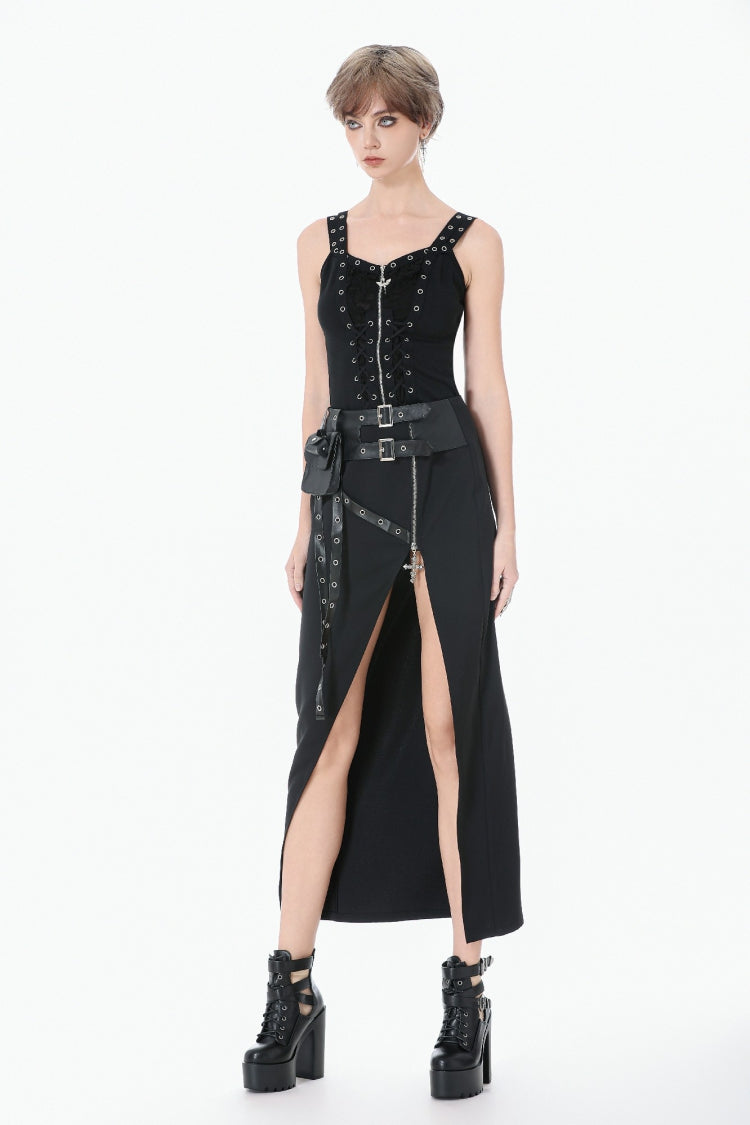 Black Women's Punk Eyelet Lace-Up Ripped Front Zippered Tank Top - Product - 9