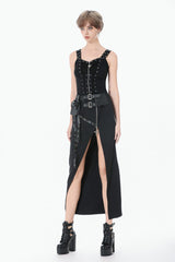 Black Women's Punk Eyelet Lace-Up Ripped Front Zippered Tank Top - Product - 9