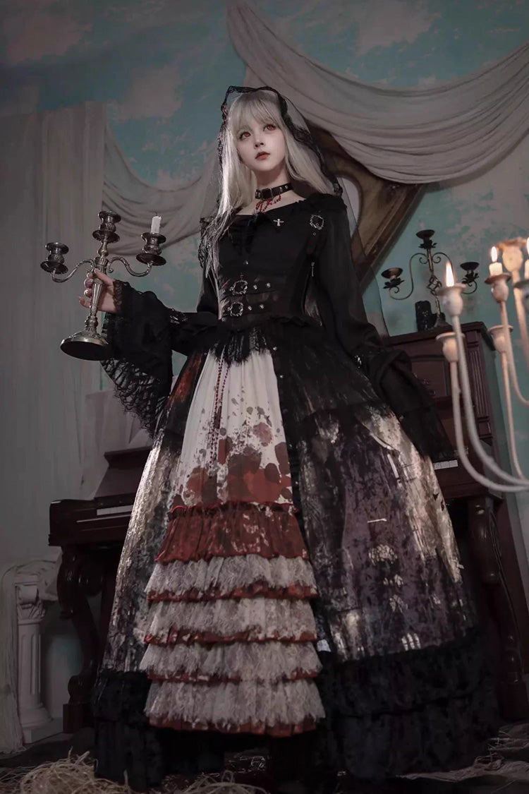 [Heretical Nun] Sleeveless Multi-Layered Printed Ruffled Open-Front Gothic Plus Size Lolita Strap Dress Long Version 2 Colors - Black/Red - 1
