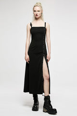 Black Slim Women's Metal Button Side Slit Maxi Slip Punk Dress - Product - 4