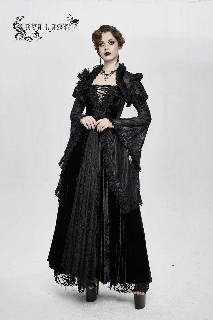 Black Transparent Lace Trim Big Trumpet Sleeve 3D Flower Rabbit Fur Lace Women's Gothic Shawl - Product - 3