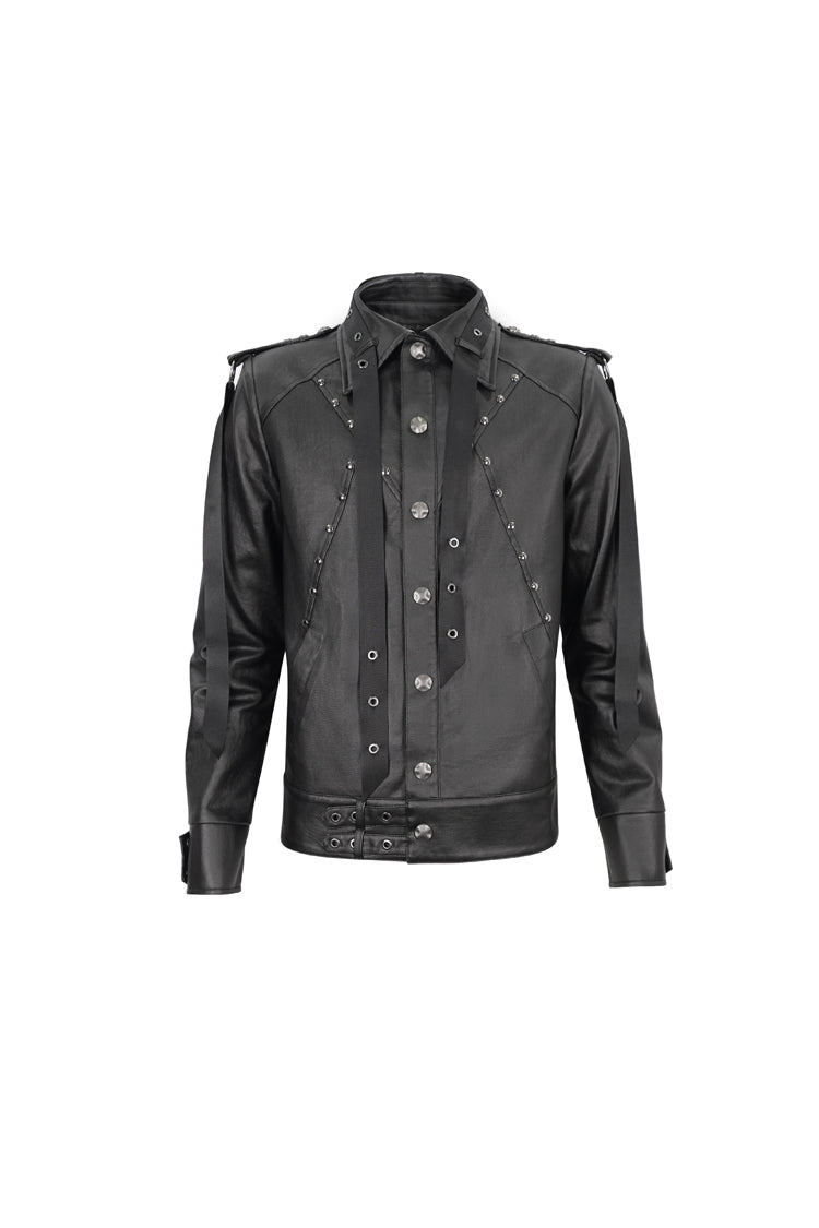 Black Lapel Collar Studded Strap Dashing Men's Punk Jacket - Product - 6