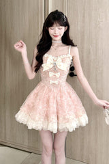 Pink Square Collar Sleeveless Multi-Layered Ruffled Embroidered Bow Pearl Detail Sweet Lolita Jsk Dress - Product - 3