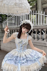 Blue [Dreaming Butterfly] Multi-Layered Jacquard Ruffle Bowknot Lace Sweet Princess Lolita Jsk Dress - Product - 6