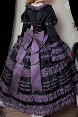Black/Purple [Layered Blackcurrant] Short Sleeves Ruffle Bowknot Lace Sweet Lolita Dress - Product - 7