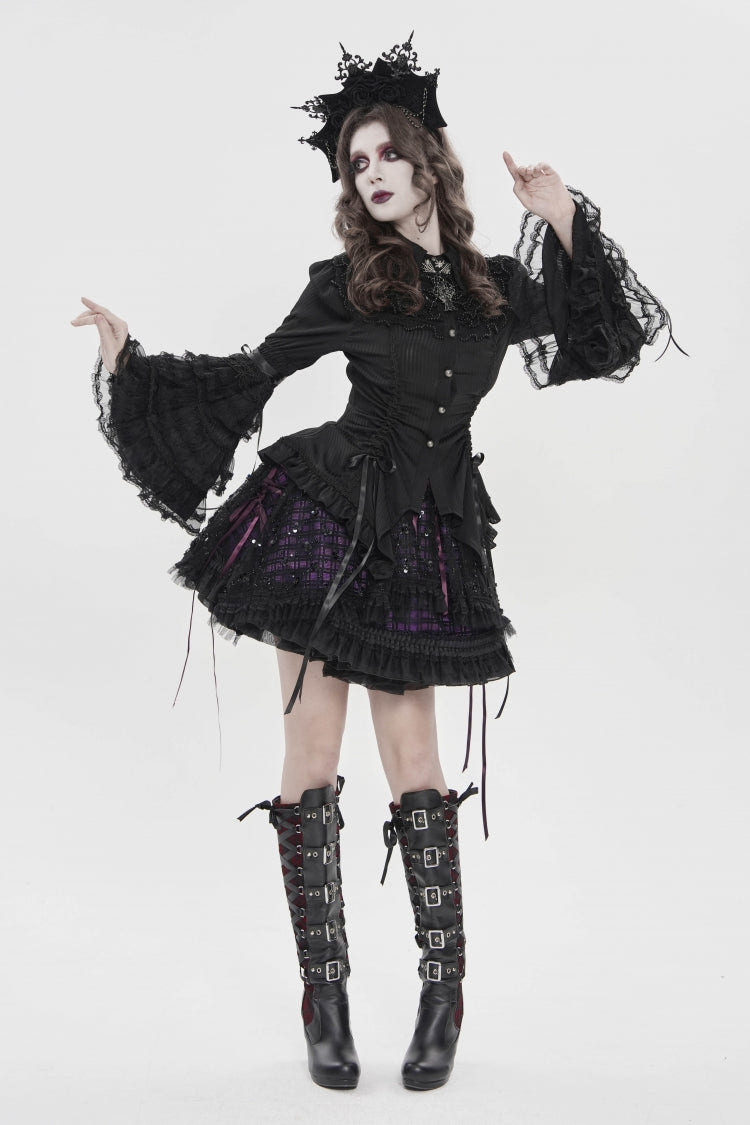 Black Lapel Collar Long Trumpet Sleeves Lace Lace-Up Women's Gothic Blouse - Product - 7