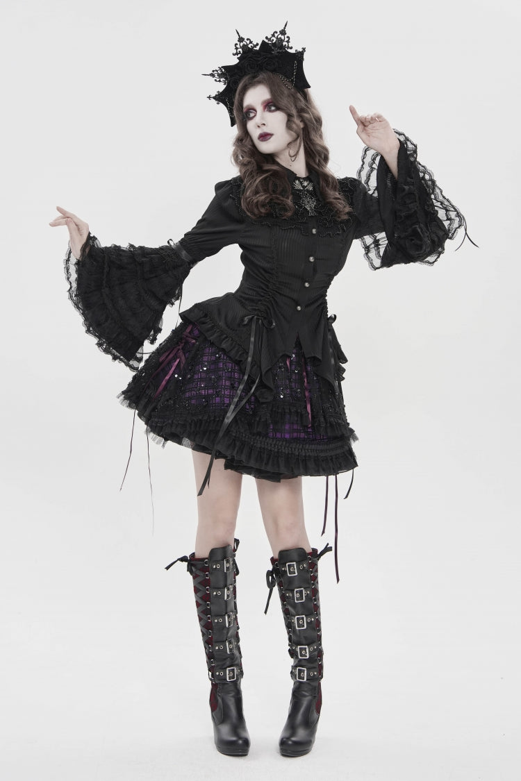 Black Lapel Collar Long Trumpet Sleeves Lace Lace-Up Women's Gothic Blouse - Product - 7