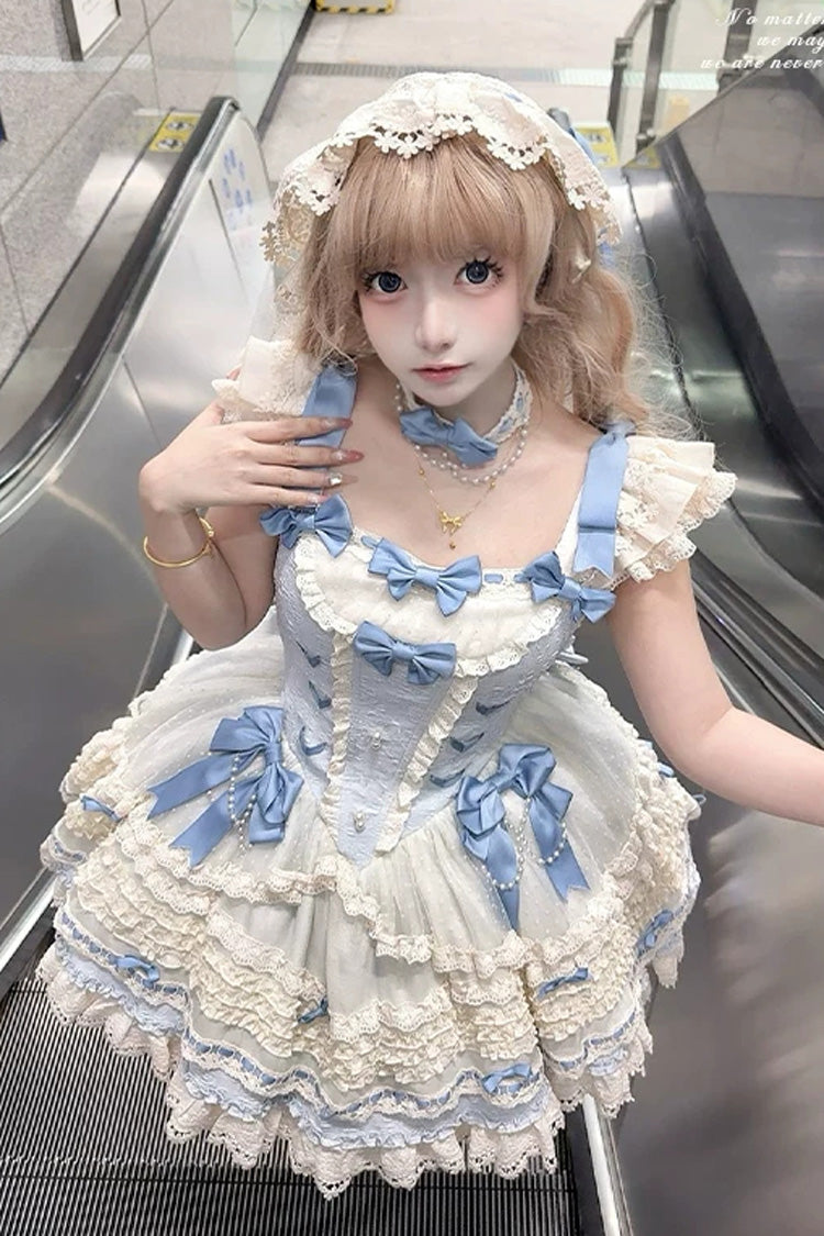 [Wind Chime Poem] Square Collar Flutter Sleeves Triple-Layered Printed Ruffled Bow Sweet Lolita Jsk Dress 4 Colors (Blue, Pink, Purple, Green) - Product - 15