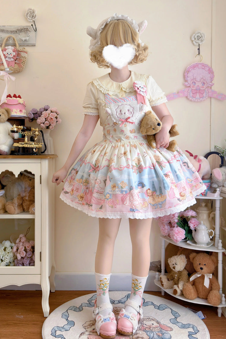 Blue/Pink Sheep Waltz Print Ruffle Bowknot Lace Sweet Lolita Strap Dress - Blue/Pink - 1