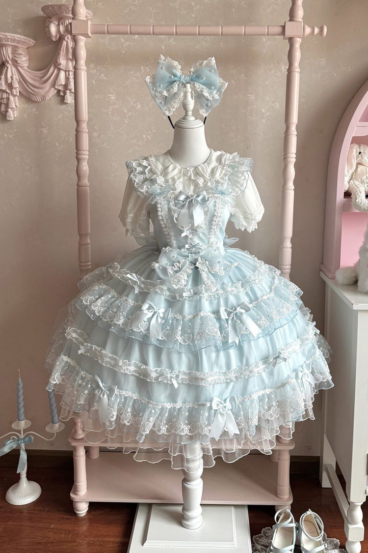 Blue [Lotus Butterfly Heart] Multi-Layered Ruffle Hanayome Bowknot Lace Sweet Lolita Jsk Dress - Product - 3
