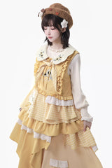 Yellow [Orange Diary] Multi-Layered Printed Embroidered Bow Lace Asymmetric Sweet Lolita Jumper Dress - Product - 5