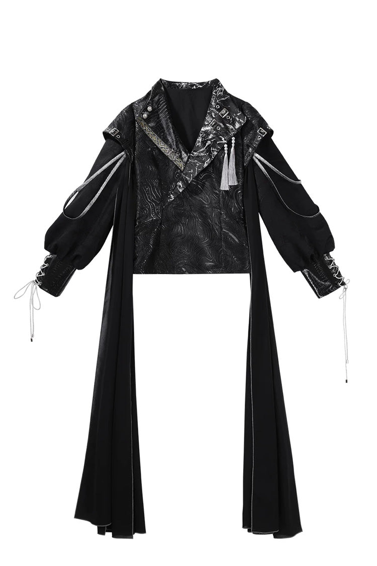Black [Shadow Dragon Diving Into the Abyss] Long Sleeves Jacquard Embroidered Gothic Chinese Inspired Hanfu Ouji Lolita Set - Coat(Only) - 15