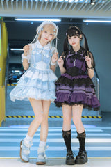 Blue/White [Cotton Cloud] Lapel Collar Ruffle Bowknot Lace-Up Sweet Lolita Jsk Dress - Product - 10