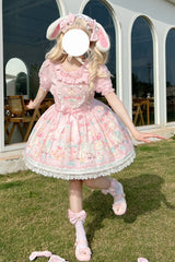 Pink Sheep's Party Print Bowknot Stitching Lace Sweet Lolita Strap Dress - Product - 2
