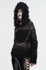 Black Segmented Mesh Matching Chain Women's Punk Hooded Sweater - Black - 1