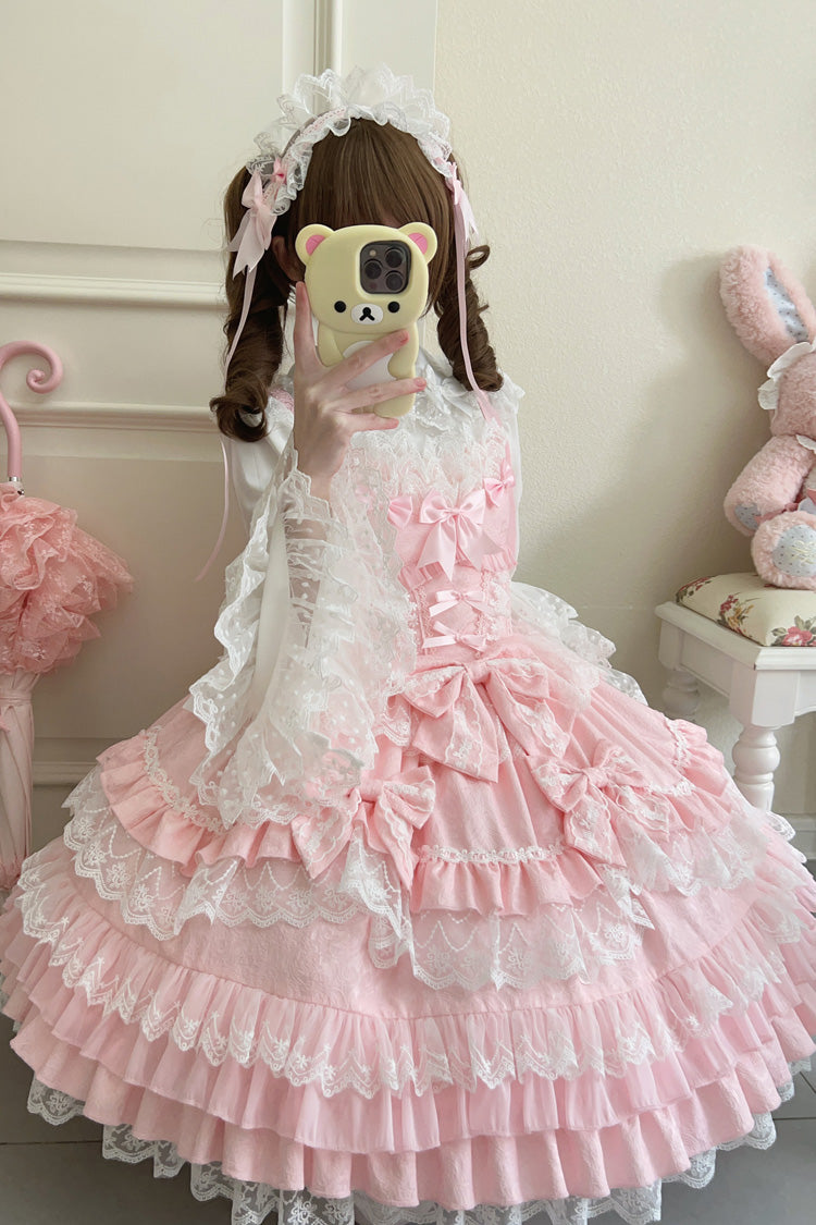 Pink Multi-Layered Ruffle Bowknot Stitching Lace Sweet Lolita Jsk Dress - Product - 2