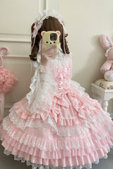 Pink Multi-Layered Ruffle Bowknot Stitching Lace Sweet Lolita Jsk Dress - Product - 2