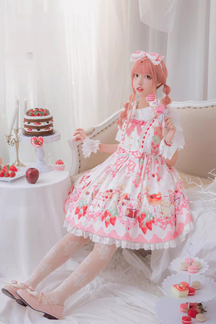 [Strawberry Feast] Sleeveless Printed Ruffled Bow Sweet Lolita Jsk Dress 4 Colors - Pink - 5