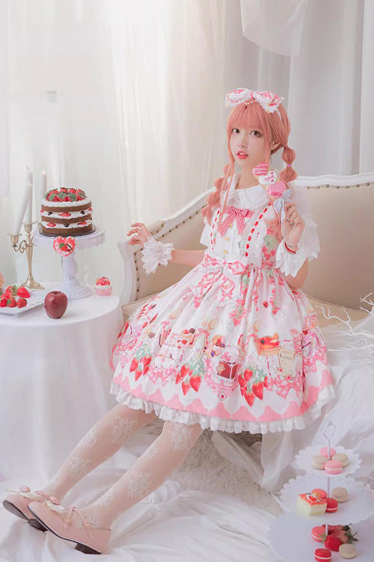 [Strawberry Feast] Sleeveless Printed Ruffled Bow Sweet Lolita Jsk Dress 4 Colors - Pink - 5