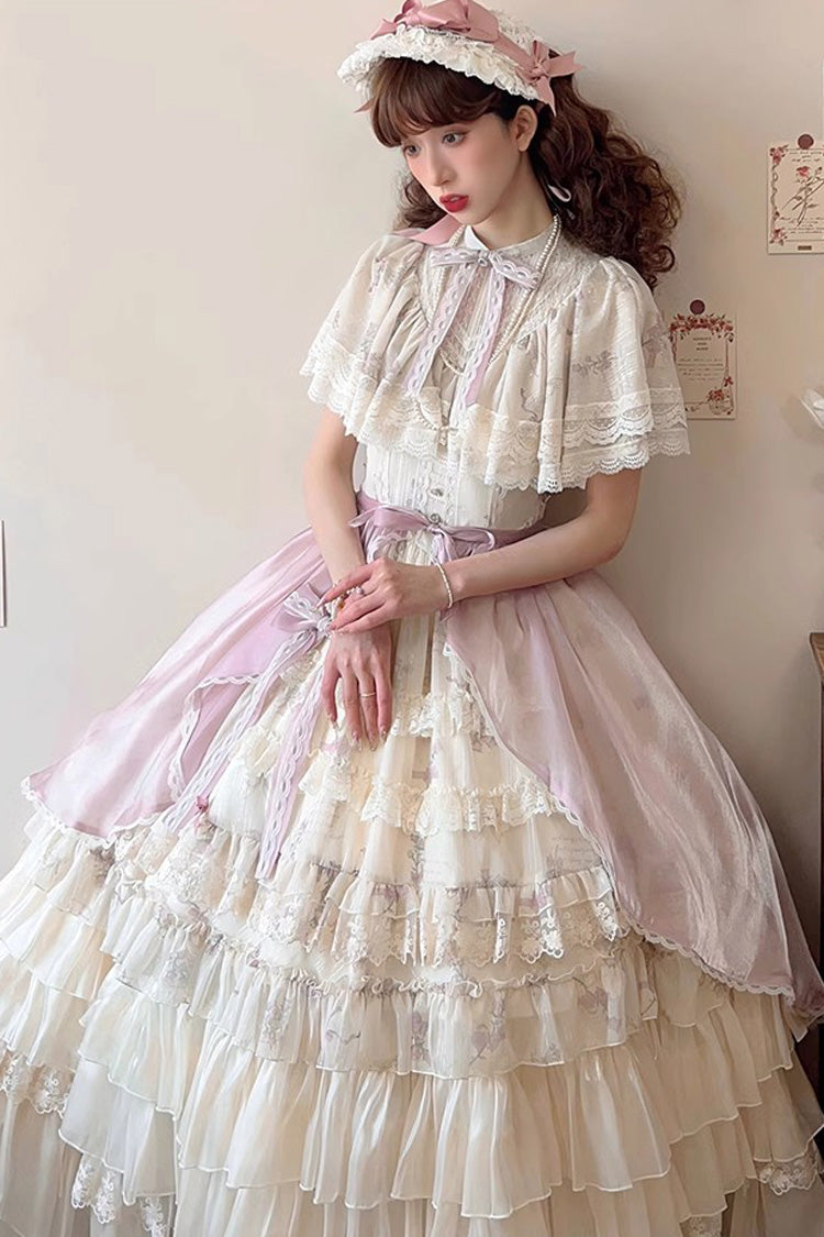 Multi-Color Bellflower Print Ruffle Lace Sweet Princess Lolita Dress - Product - 13