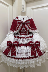 Wine Red [Knot of the Crossed Heart] Sleeveless Multi-Layered Ruffle Hanayome Cardigan Bowknot Lace Lace-Up Sweet Lolita Jsk Dress - Product - 4