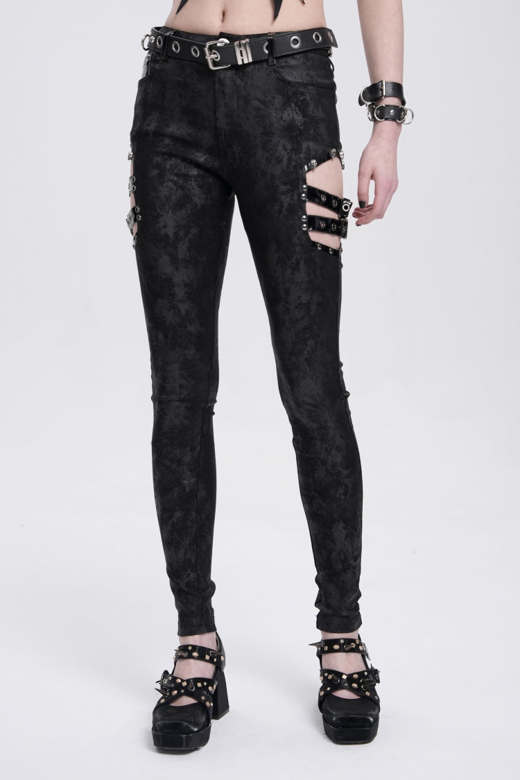 Black Print Cutout Buckle Women's Gothic Pants - Black - 1