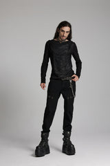 Black V Collar Long Sleeves Hooded Overlaping Mesh Men's Punk T-Shirt - Product - 5