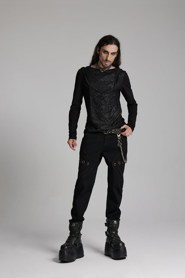 Black V Collar Long Sleeves Hooded Overlaping Mesh Men's Punk T-Shirt - Product - 5