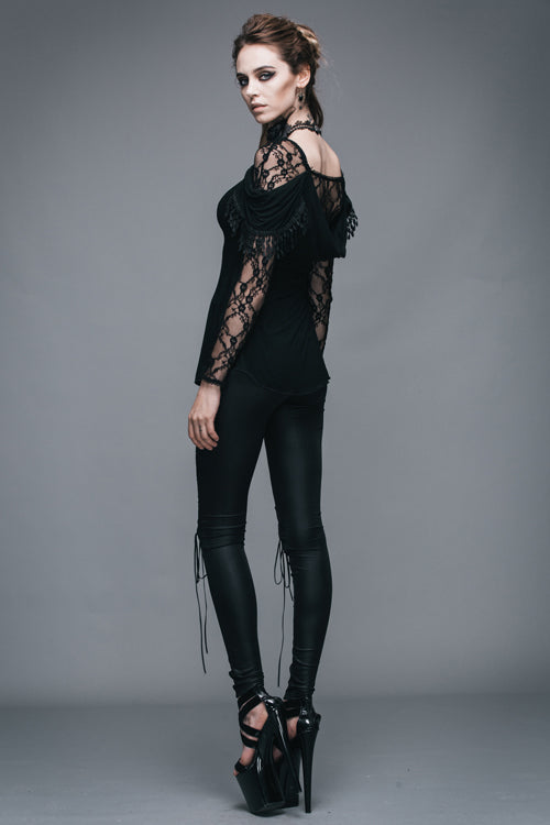Black Rose Lace Long Sleeves Modal Womens Gothic T-Shirt - Product - 8
