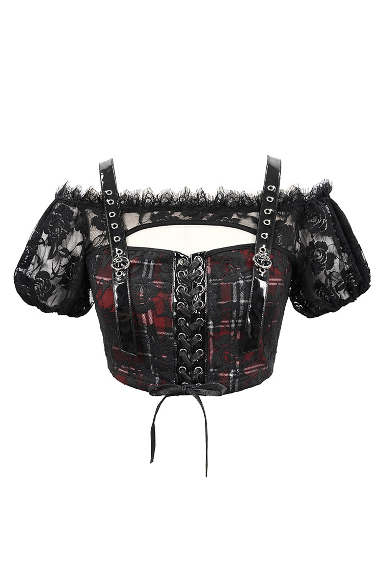 Black/Red Scottish Plaid Off Shoulder Bright Leather Straps Lace Up Lace Women's Punk T-Shirt - Product - 6