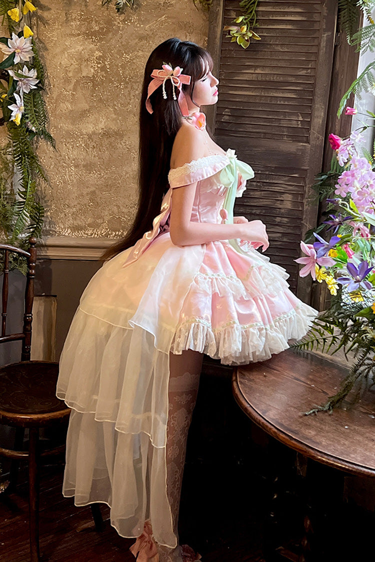 Pink [Tulip Love Song] Boat Neck Double-Layered Ruffle Bowknot Lace Lace-Up Romantic Sweet Princess Lolita Dress - Product - 11