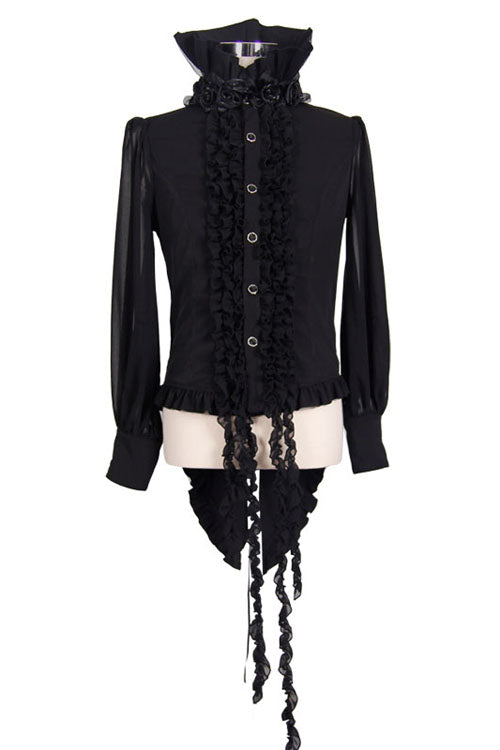 Black High Collar Lace Up Dovetail Hem Mens Gothic Blouse - Product - 5
