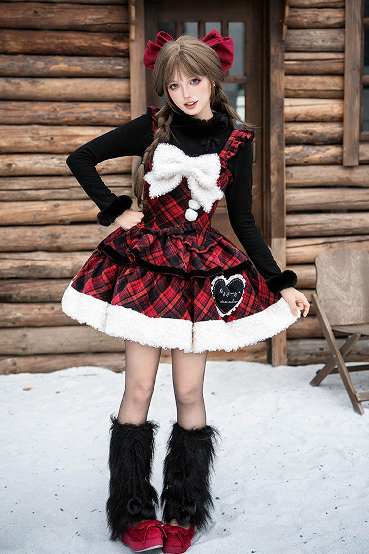 [Letters & Poems · Snowy Night Serenade] Triple-Layered Print Ruffle Bowknot Sweet Lolita Jsk Dress Set 2 Colors - Red/Black - 8