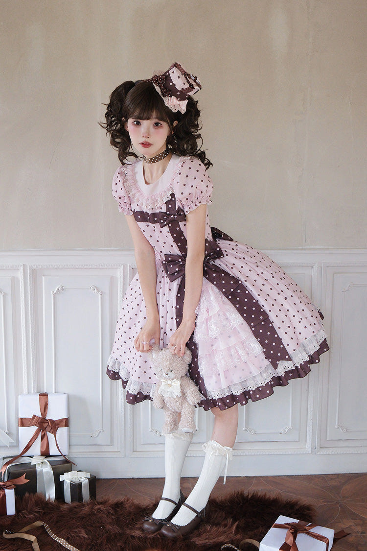 Pink [Canelé Gift Box] Round Collar Short Sleeves Double-Layered Printed Polka Dot Ruffled Open-Front Bow Asymmetric Sweet Lolita Dress - Product - 6