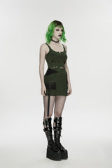 Black/Green Lace-Up Slim Asymmetric Zippered Eyelet Women's Punk Handsome Skirt - Product - 3