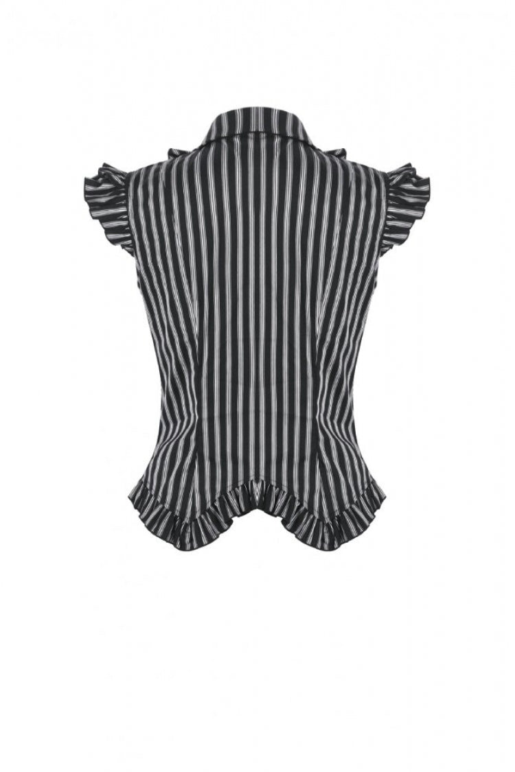 Black/White Vertical Striped Turn-down Collar Ruffled Women's Gothic Blouse with Detachable Tie - Product - 16