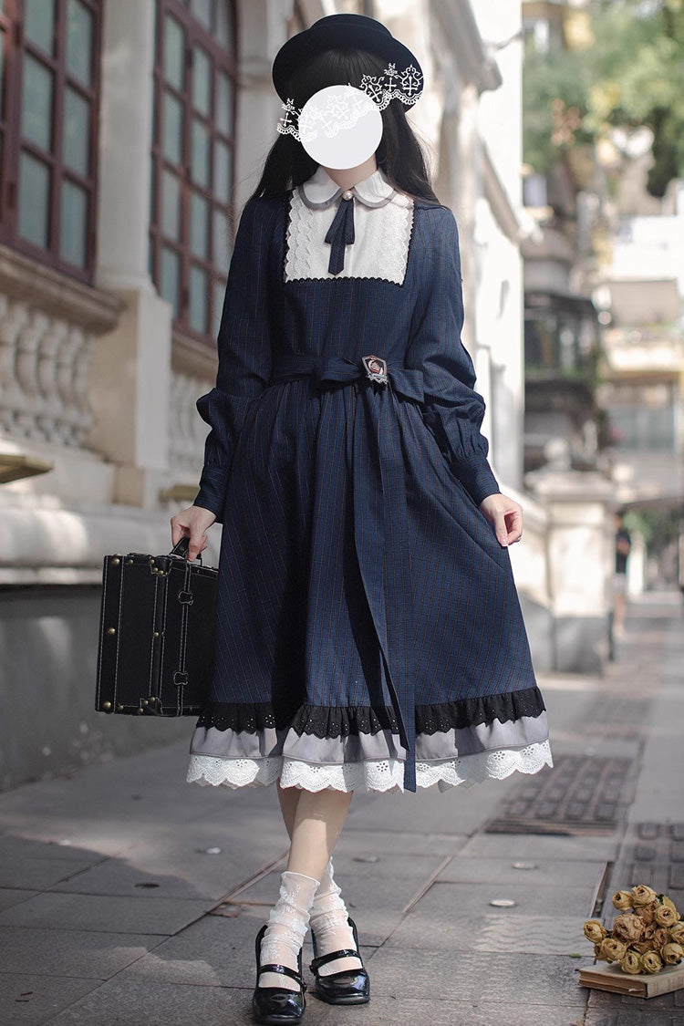 Dark Blue [Phyllis] Plaid Print Ruffle Bowknot Lace Vintage Elegant Lolita Dress - Dark-Blue - 1