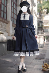 Dark Blue [Phyllis] Plaid Print Ruffle Bowknot Lace Vintage Elegant Lolita Dress - Dark-Blue - 1