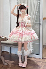Pink [Dreaming Butterfly] Multi-Layered Jacquard Ruffle Bowknot Lace Sweet Princess Lolita Jsk Dress - Product - 6