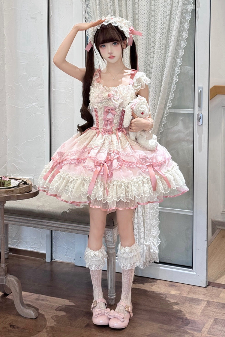 Pink [Dreaming Butterfly] Multi-Layered Jacquard Ruffle Bowknot Lace Sweet Princess Lolita Jsk Dress - Product - 6