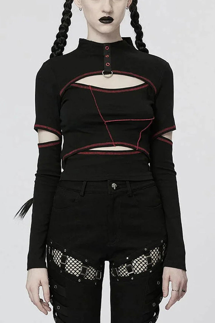 Comfortable Stitching Chain Cutout Turtleneck Ribbon Style Stretch Women's Punk T-Shirt 2 Colors - Black/Red - 2