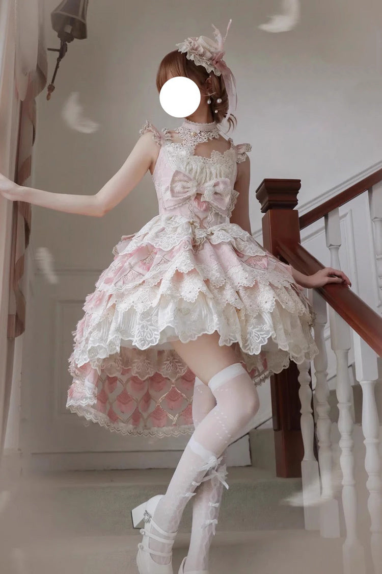 Pink [Peacock Feather] Multi-Layered Ruffle Hanayome Cardigan Bowknot Lace Sweet Lolita Jsk Dress Set - Pink - 1