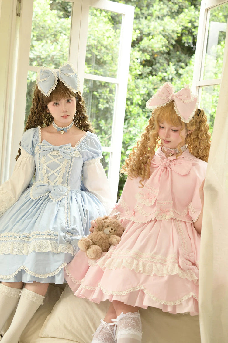 Pink [Petal Bunny] Cotton Square Collar Short Sleeves Double-Layered Ruffled Bow Lace Lace-Up Sweet Lolita Dress - Product - 13