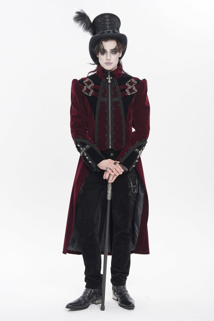 Red Stand Collar Long Sleeves Embroidered Color-Blocked Buckled Zippered Men's Gothic Palace Jacket - Product - 9