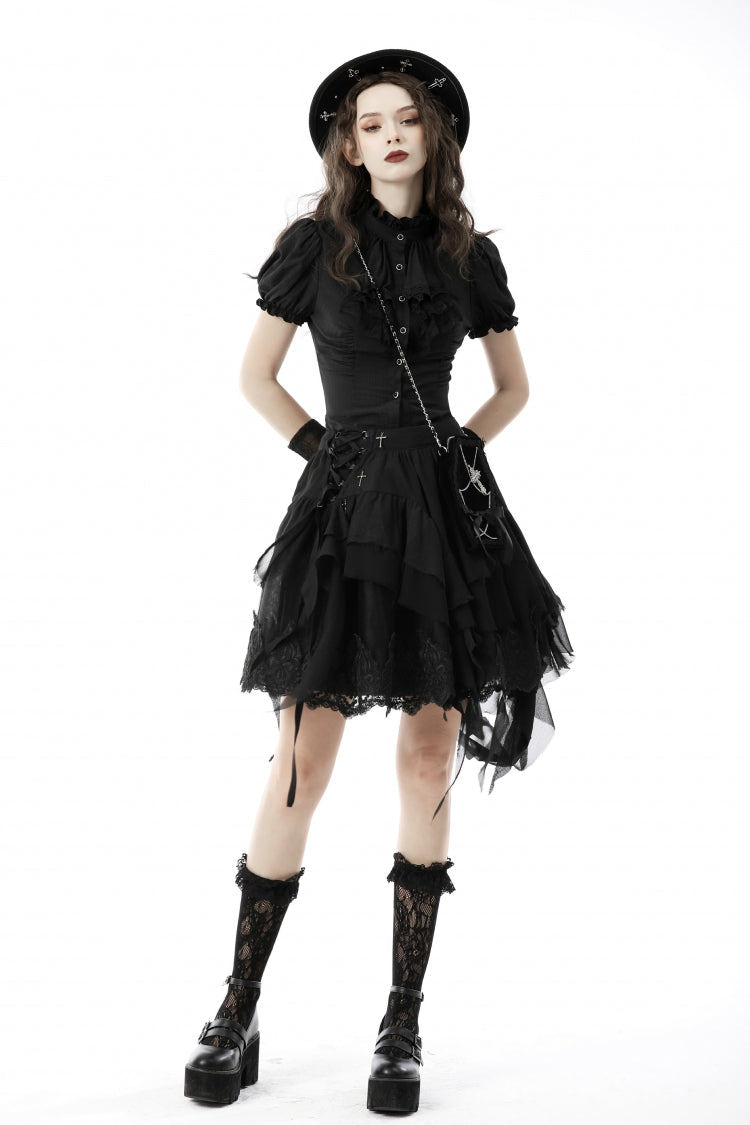 Black Ruffled Stand Collar Lace Jabot Short Puff Sleeves Front Button‑Up Lace-Up Women's Gothic Blouse - Product - 7