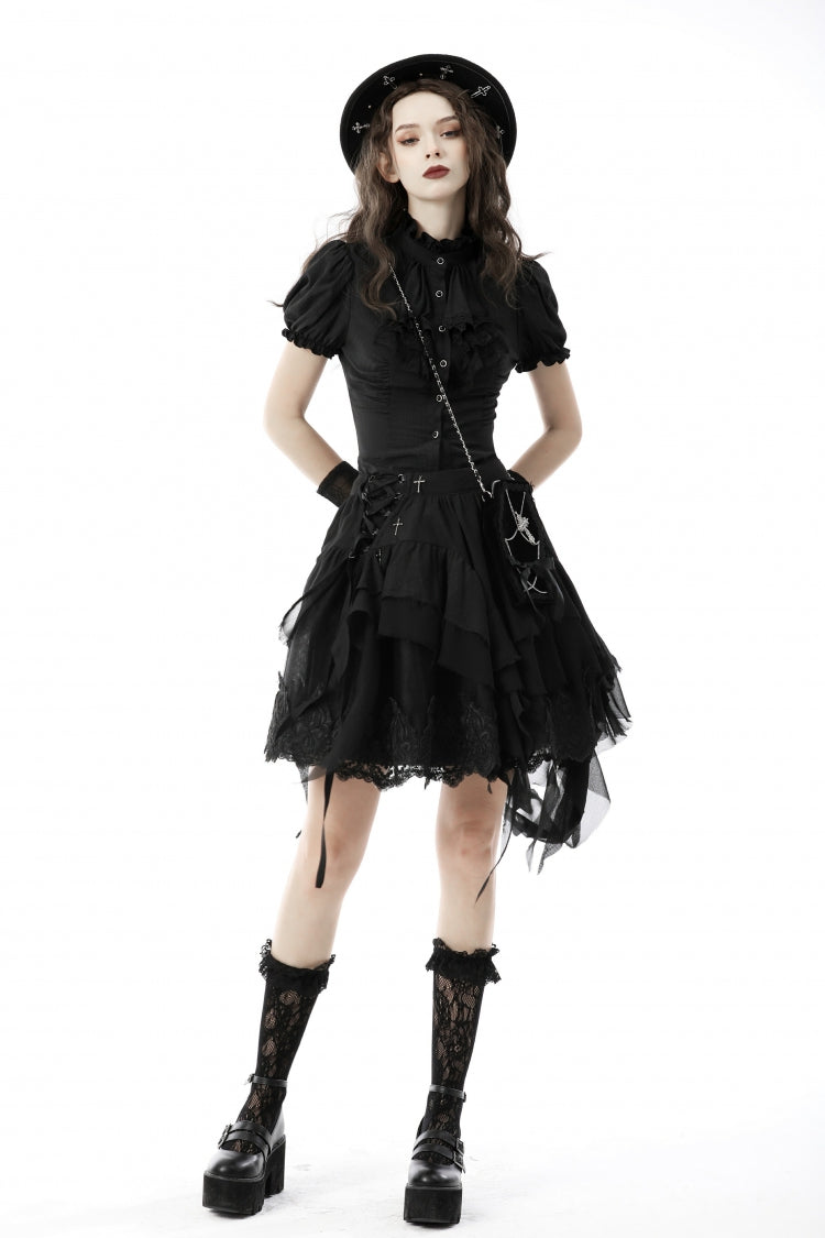 Black Ruffled Stand Collar Lace Jabot Short Puff Sleeves Front Button‑Up Lace-Up Women's Gothic Blouse - Product - 7