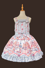 Blue [Candy House] Square Collar Sleeveless Printed Ruffled Bow Sweet Lolita Strap Dress - Blue - 1