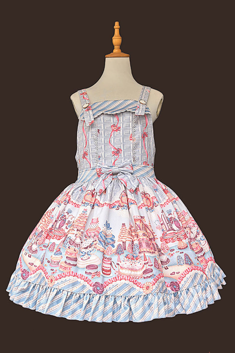 Blue [Candy House] Square Collar Sleeveless Printed Ruffled Bow Sweet Lolita Strap Dress - Blue - 1