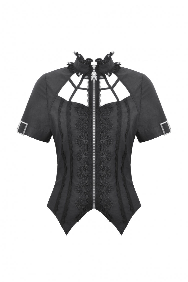 ブラックスタンドカラー半袖スパイダー型ジッパーカットアウト変形レディースパンクブラウス 商品画像