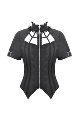 Black Stand Collar Short Sleeves Spider-Shaped Zippered Cut-Out Irregular Women's Punk Blouse - Product - 3